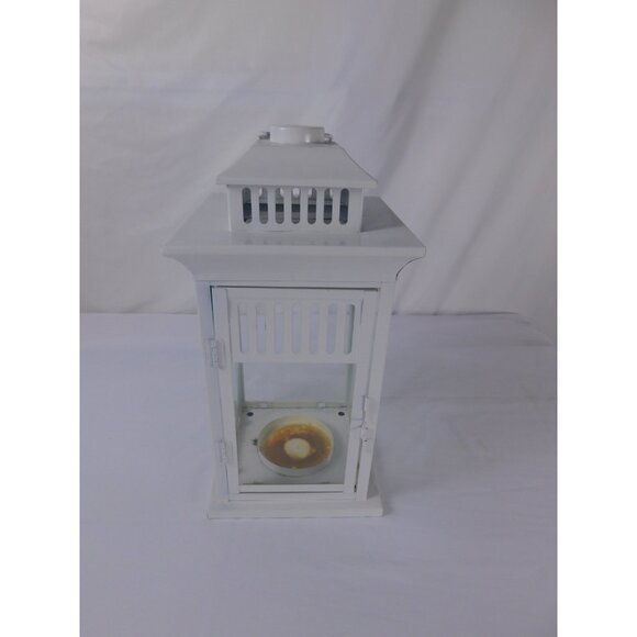 SALE White Metal Lantern Candle Holder Decorative Glass Pane Door Rustic Vintage - Picture 1 of 9
